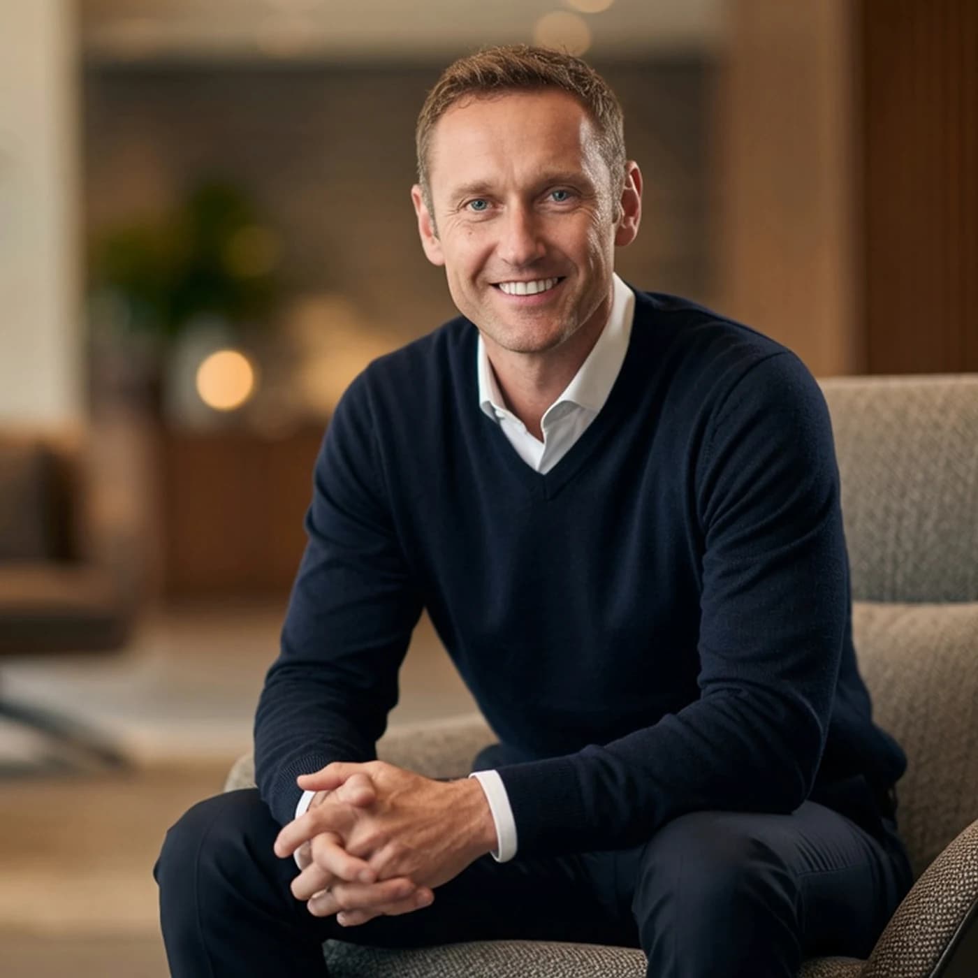 Janis Krums, founder of Lobbi, in a hotel lobby
