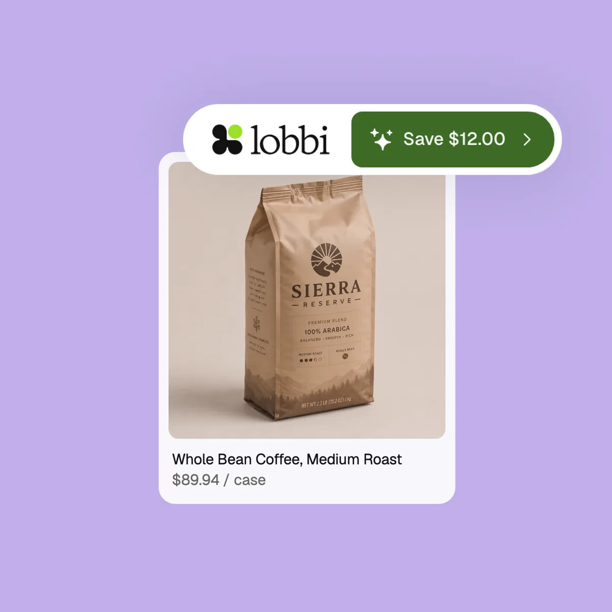 A bag of coffee with the Lobbi pill showing Save $12.00