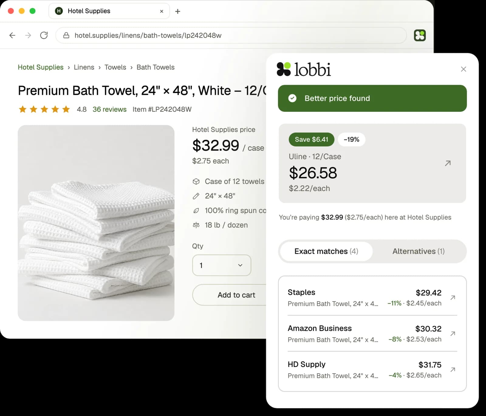 A supplier product page for a bath towel with the Lobbi panel open beside it, showing a better price found