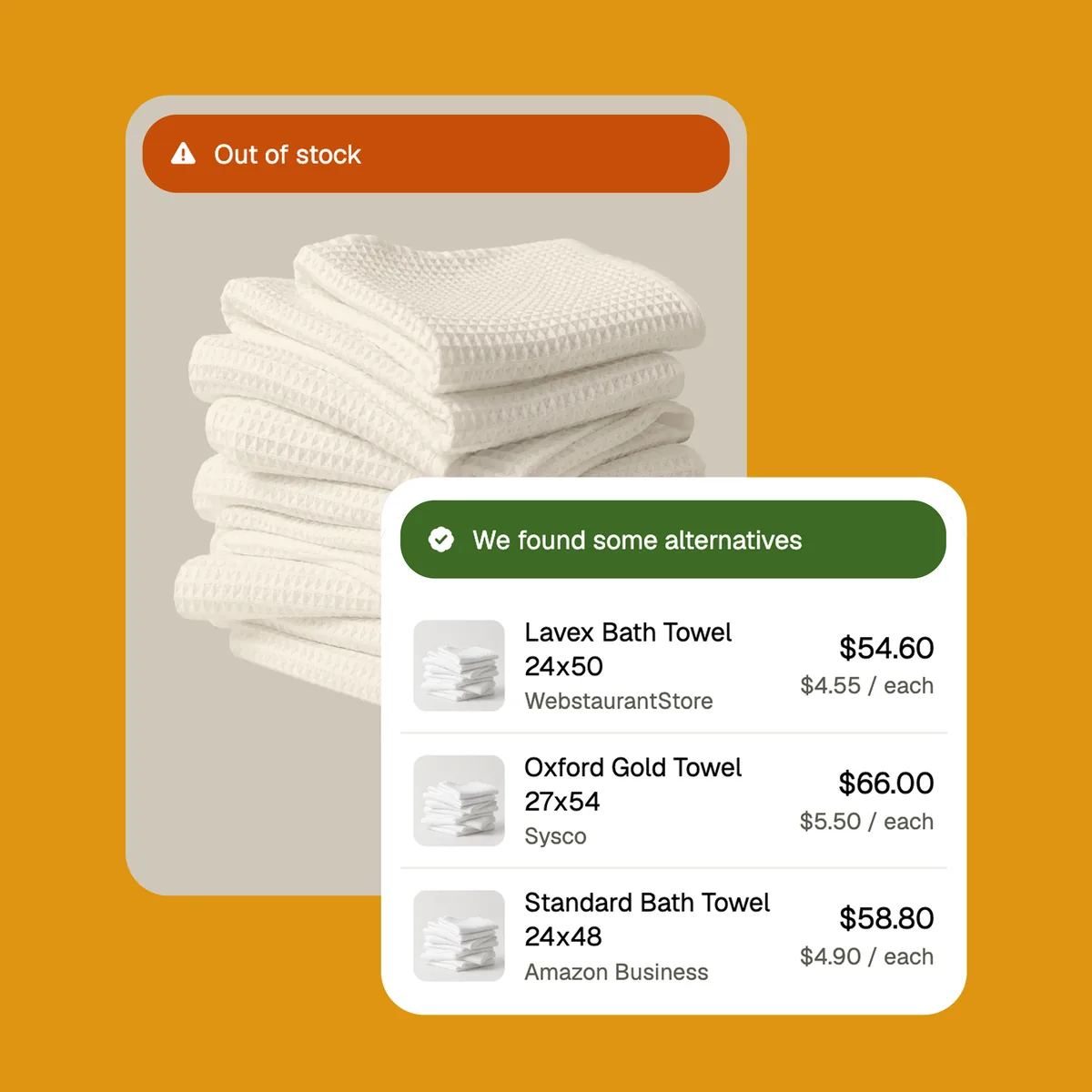An out-of-stock towel listing with three comparable alternatives found by Lobbi