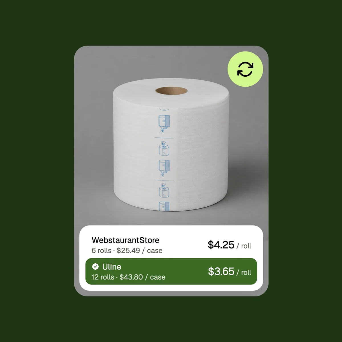 A roll of paper towels with two suppliers compared per roll
