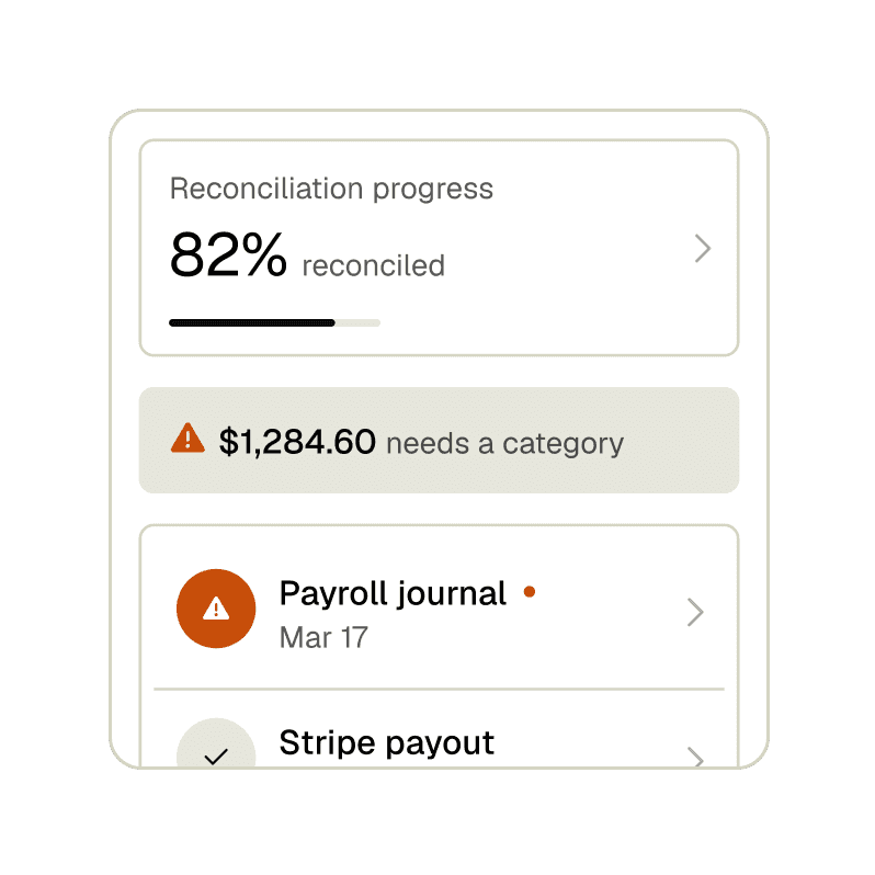 Bookkeeping — 82% reconciled, items needing a category