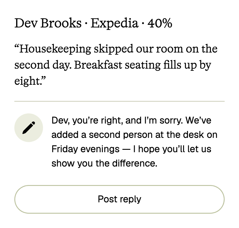 A guest's review and Lobbi's reply in the hotel's voice, posted