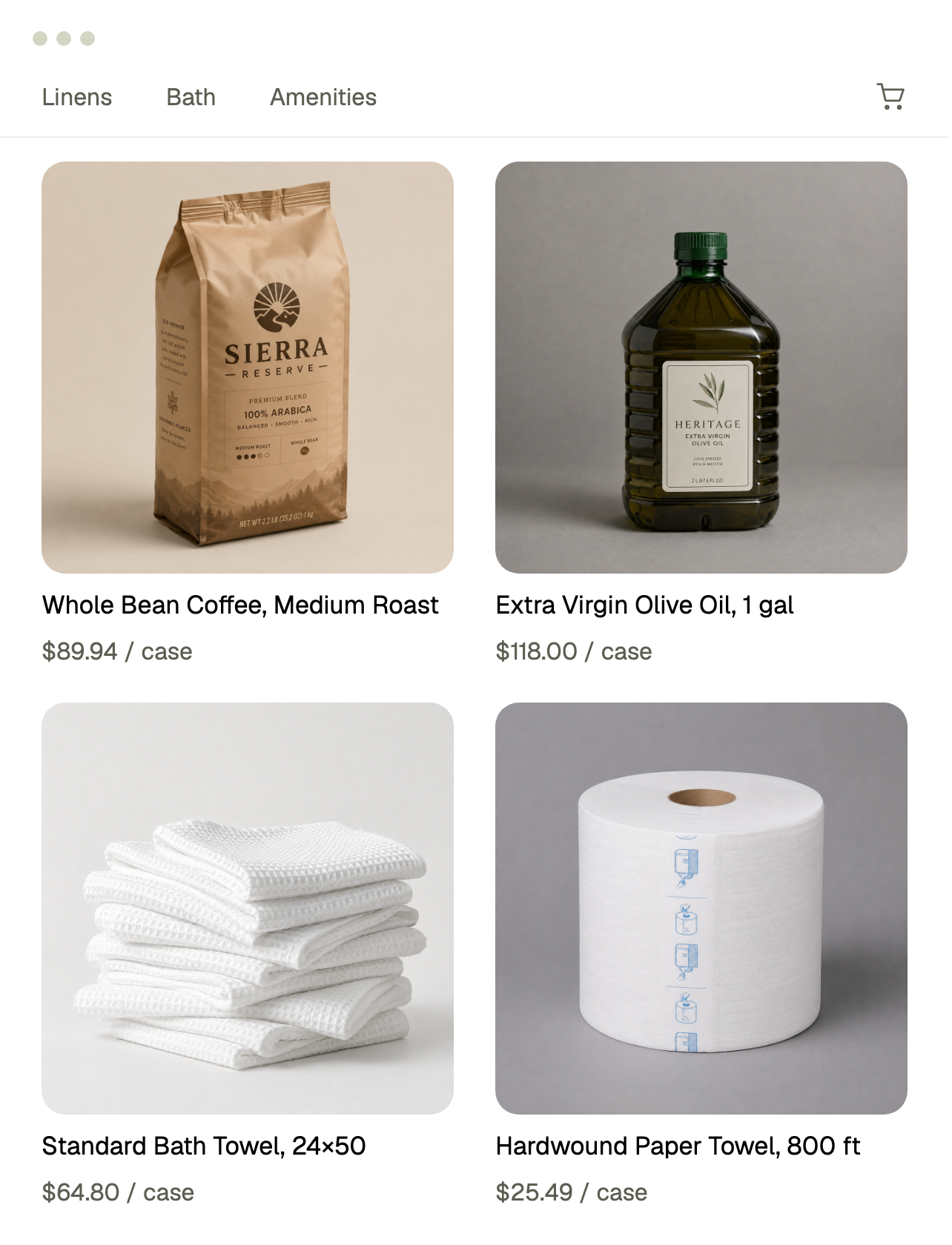 A supplier's category page: coffee, olive oil, bath towels, paper towels