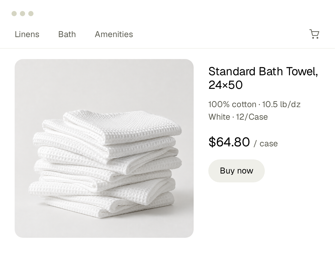 A supplier's store page: Standard Bath Towel, 24×50, $64.80 a case
